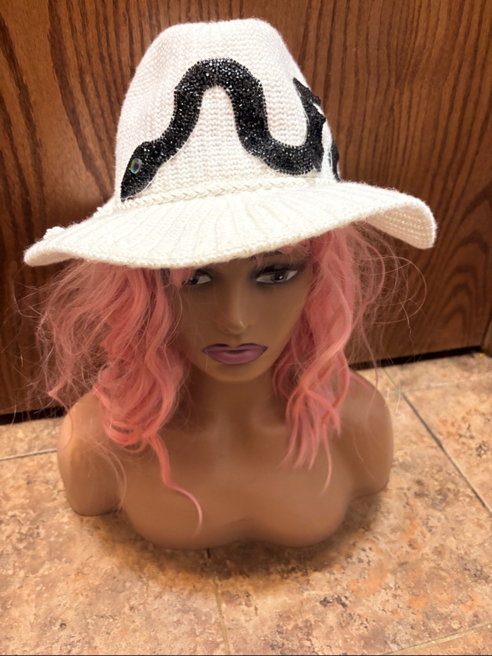 No Boundaries White Knit Hat with Black Sequin Snake